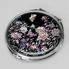 MOP Art Deco Black Pink Flower Purse Compact Cosmetic Makeup Round Vanity Mirror