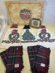 Vintage Set Holiday Christmas Laminated Placemats Coasters Tea Towels Pink New