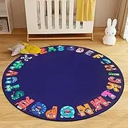 ABC Alphabet Rug for Kids,Classroom Animal Rugs for Elementary Classroom,6x6 Non-Slip Circle Rugs for Babies and Infants,Play Carpet for Boys Girls Bedrooms Playroom,Cute Nursery Rug,Blue
