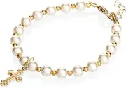 [Crystal Dream] Christening 14KT Gold-Filled Beads with Cream Swarovski Simulated Pearls and Cross Charm Luxury Unisex Baby Bracelet (BGC)