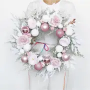 Lertenys Peony Hydrangea Wreath,21.6In Artificial Pink Peony Hydrangea Wreath for Front Door with Glitter Balls,Faux Pink Flowers Wreaths