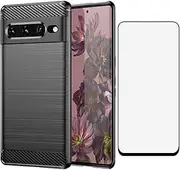 [Asuwish] Phone Case for Google Pixel 7 Pro 5G with Tempered Glass Screen Protector Cover and Cell Accessories Soft TPU Silicone Slim Pixel7Pro Pixel7 XL 7XL Pixle 7Pro Women Men Carbon Fiber Navy Black