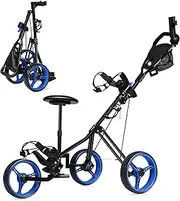 ULTIMATE Folding Golf Push Cart, 3-Wheel Push Golf Trolley w/4-Position Adjustable Handle, Height Adjustable Seat, Upper & Lower Bag Brackets, Water Bottle Holder, Wheels with Brakes