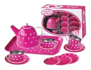 15pc Kaper Kidz Children's White Polka Dot On Pink Tin Teapot/Teacup/Tray Set 3+