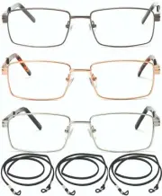 3 Packs Classic Metal Reading Glasses Rectangular Frame with Hinge High Optical