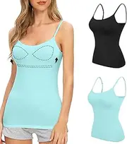 [SHEKINI] Women's Spaghetti Top with Integrated Bra Tank Top Undershirt Adjustable Shoulder Strap Camisole Basic Cami Tanks Pack of 2