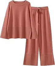 [ANRABESS] Womens 2 Piece Outfits Oversized Knit Sweater Set Wide Leg Pant Cozy Lounge Matching Pajama Sets 2024 Trendy Clothes