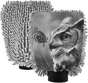 XYMZR Black White Portrait Owl Absorbent Microfiber Car Wash Mitt, Funny Cute Anime Scratch Free for Cars Cleaning, Home Cleaning Mitts, 2 Pack, 10.24” L x 7.09” W