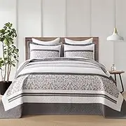 SahSahCasa 100% Cotton 102"x120" Oversized Bedspread Quilt Lightweight Comforter, Floral Pattern, 3pc, Brown/Gray