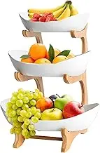 3 Tier Fruit Basket for Kitchen Ceramic Fruit Bowl with Bamboo Wood Stand Easy Install 3 Tier Serving Stand Snack Dessert Cake Tray Plate Rack for Party Wedding Buffet White Ceramic Tray