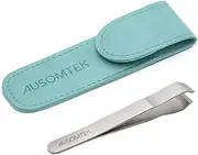 AUSOMTEK Beard & Hair Plucking Tweezers, Fine Eyebrow Tool, Stainless Steel, 10mm Tip, Anti-Slip Slot Design, Cyan PU Case