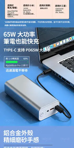 現貨 行動電源 100000mAh PD65W+QC4.0超級快充 移動電源 支援充筆電 行充 隨充 (7.6折)