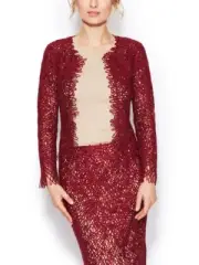 New Oscar de la Renta 2 PC SUIT Bird Nest Silk Wool Sequin Jacket Skirt Red XS S