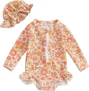 [Aiwpstoin] Toddler Baby Girl Long Sleeve Swimsuit One-Piece Zipper Swimsuit Girls Bathing Suit Rash Guard with Sun Hat