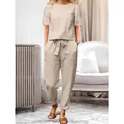 Women's Loungewear Two Piece Sets Fashion Simple Casual Pure Color Pocket Cotton Linen Sets T Shirt Pant Street Date Airport Half Sleeve Crew Neck Army Green O