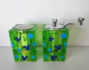 New Disney Vintage Green Lucite Plastic Salt Shaker and Pepper Mill Grinder Cube