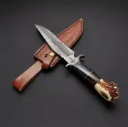 CUSTOM HANDMADE DAMASCUS STEEL BOWIE KNIFE | DEER HORN HANDLE & LEATHER SHEATH