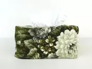 Unique Green Floral Tissue Box Cover Vintage Linen Fabric One of a Kind