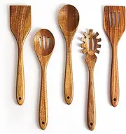 [KITEISCAT] Acacia Wooden Spoons for Cooking: 5-Piece Kitchen & Cooking Utensils Set - Wooden Spatula, Slotted & Pasta Spoon - Essential Wooden Utensil Set