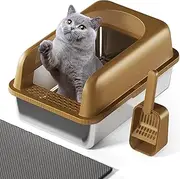 Enclosed Stainless Steel Cat Litter Box With Lid, Extra Large, Non-Sticky, Anti-Leakage, Easy Cleaning, Include Litter Mat & Scoop, Brown