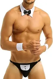 [FEESHOW] Mens 3Pcs Waiter Tuxedo Lingerie Set Costumes G-String Thong Bow Tie Collar with Cuff Underwear