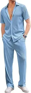 [Maiyifu-GJ] Men's 2 Piece Shirt Set Summer Casual Beach Outfits Cotton Button Short Sleeve Shirts Drawstring Loose Pants Sets (Light Blue,Medium), Light Blue, Medium, Light Blue, Medium