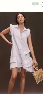 NWT ANTHROPOLOGIE PLEATED SLEEVELESS BUTTON FRONT MINI SHIRT DRESS White M