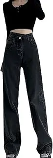 [Generic] Women Cross Waisted Straight Leg Jeans High Waisted Straight Long Jean Pants Asymmetrical Waist Denim Pants