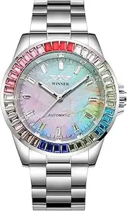 [DAXIAOYU] Mens Watch Automatic Hand-Winding Mechanical Watches Colorful Diamond Dial and Colored Bezel Stainless Steel Wristwatch Waterproof Luminous Fashion Watch
