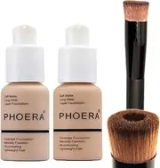 Glamza PHOERA Foundation 102 and 104 Full Coverage Foundation, Full Coverage Flawless New 30ml 24HR Matte Oil Control (Buff Beige #104)(Nude #102) + Liquid Foundation Brush