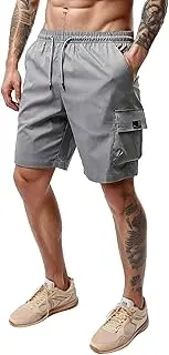 [Generic] Mens Cargo Shorts with Multi Pockets Elastic Waist Plus Size Straight Leg Comfort Drawstring Pants for Work Outdoor, B-grey, Medium