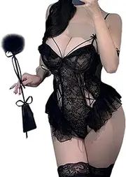 [JINZIJINYU] Sexy Bodysuits Lace Teddy Corset Underwire Sexy Suspender Pajamas Lace Open Pattern No Need to Take Off One Piece Uniform Temptation