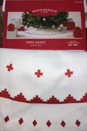 Christmas Tree Skirt White & Red Scandi Print 48" fits 42"-54" Wondershop NEW