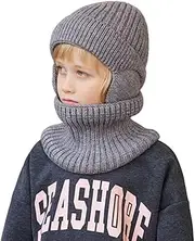 [SIQITECHUK] 2pcs Children Knitted Hat Scarf Set Thermal Beanie Cap with Wide Ear Protection Fleece-Lined Fashionable Hat and Neckerchief for Autumn Winter Children Boys Girls Aged 4-10