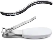 STYLFILE Nipper Clipper with Safety Spy Hole & Curved Baby S-File - Stainless Steel Toddler Manicure Set Designed for Infants Tiny Nails White