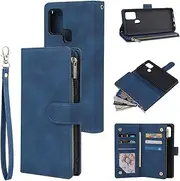 UEEBAI Wallet Case for Samsung Galaxy A21S, Premium Vintage PU Leather Magnetic Closure Handbag Zipper Pocket Case Kickstand Card Holder Slots with Wrist Strap TPU Shockproof Flip Cover - Blue