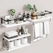 SsnDdm Wall Mounted Bathroom Shelves Over Toilet, Rustic Wood Floating Shelves with Metal Frame and Towel Bar for Bathroom, Kitchen, Bedroom, Living Room (White)
