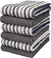 6 Pack Large Popcorn Striped and Solid Kitchen Towel Set / 16" x 26"/ Thick, Plush 100% Ring-Spun Cotton / 3 Yarn Dyed, 3 Solid Dyed Variety Pack/Grey Luxury Hand Towels