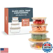Crutello Glass Meal Prep Containers with Bamboo Lids, 4 Pack - Airtight Clear