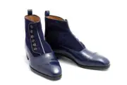 Men Handmade Blue Ankle button up Cap toe leather Party Custom Ankle Dress boot