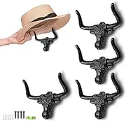 Cowboy Hat Rack for Wall Longhorn Hat Hooks Cowboy Hat Holder for wall Cast Iron Metal Wall Decor Rustic Cowboy Hat Hanger for Storage Closet Bedroom Living Room Rust Western Gifts (Rust, 4 Pack)