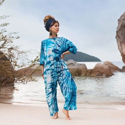 Sadie Handmade Tiedye Overall Jumpsuit Straight Leg Harem Cotton Beach Plus Size
