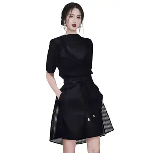 兩件式禮服洋裝套裝黑色顯瘦性感透視上衣+高腰插袋a字裙短褲裙 OL套裝