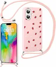 Mobile Phone Chain Case with Strap for Apple iPhone 16 6.1 Inch Mobile Phone Case, Aesthetic Flowers Chain Necklace Case with Cord for Hanging, Silicone TPU Protective Cover Cord for iPhone 16