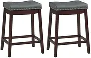 [Giantex] Set of 2 Backless Bar Stools, Kitchen Counter Bar Stools with Exquisite Nailhead and Solid Rubber Wood Legs, Saddle Bar Stools for Dining Room Living Room, 64cm Height, Brown with Grey Cushion
