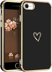 GUAGUA Case for iPhone SE 2022/3rd/2020/2nd Gen,Luxury Cute Heart Pattern iPhone 8 Case and iPhone 7 Case 4.7", Electroplate Edge Bumper Women Girls with 4 Corners Shockproof Protection Cover, Black