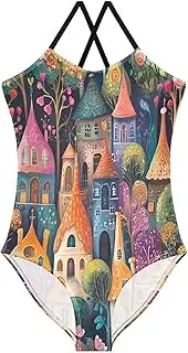 [RPLIFE] Whimsical Colorful Fairy Town Girls Swimming Suit with Adjustable Shoulder Strap, Beach Swimwear, 3-10