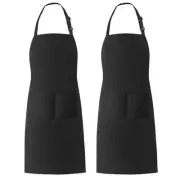 2 Pack 100% Cotton Bib Aprons with 2 Pockets Kitchen Cooking Black