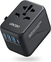 LENCENT Universal Travel Adapter, International Charger with 3 USB Ports & Type-C PD Charging Adaptor for Cellphones,Laptop, All in 1 Travel Plug Adapter for Over 200 Countries (USA UK EU AUS) Black