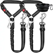 Dog car seat Belt, 2 Packs Dog car seat Belt Adjustable Elastic Bungee Cushion, 2 in 1 pet car Leash headrest Restraint Dog Reflective Safety Rope-Black X 2 （complimentary 1 Folding Dog Bowl